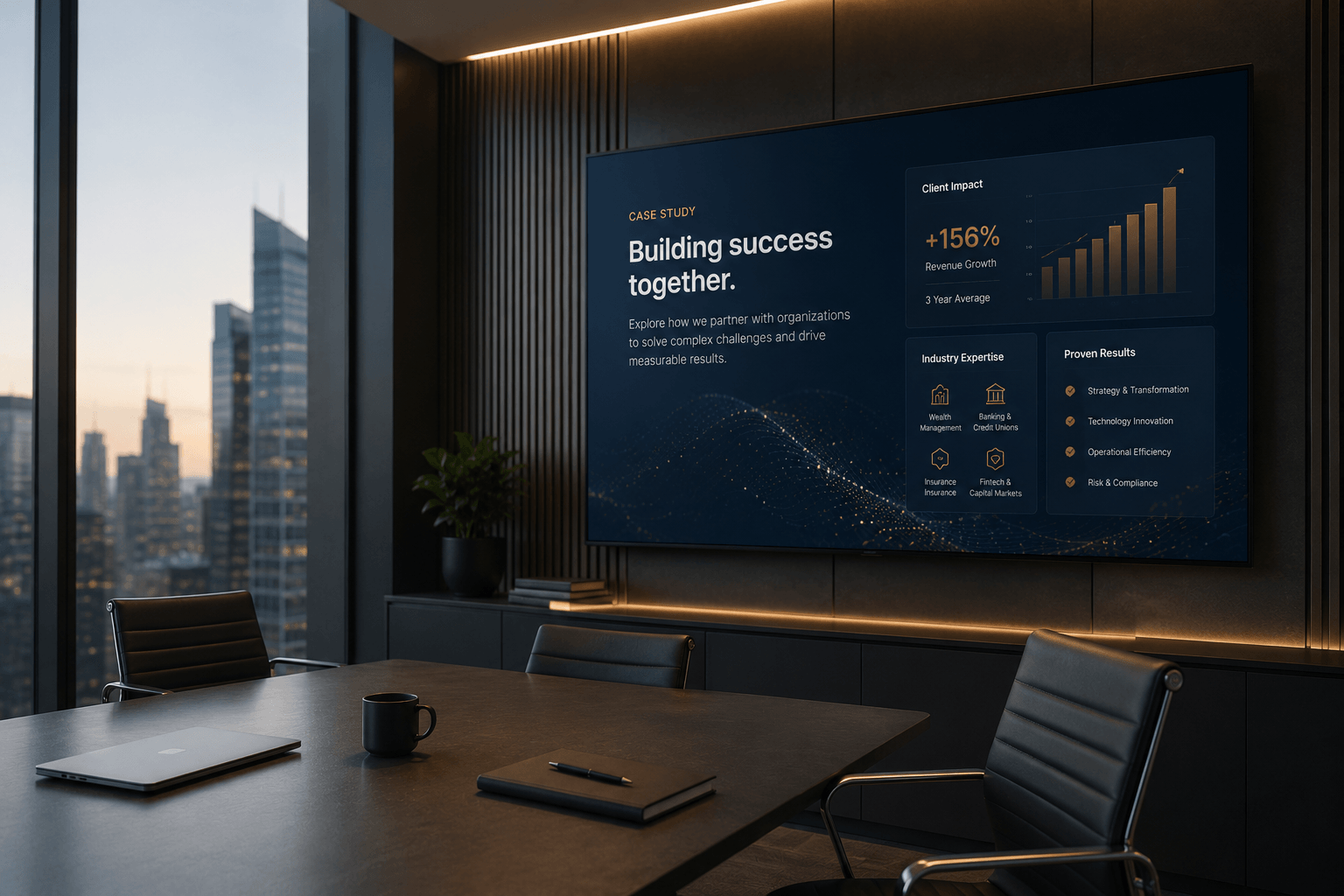 A case-study presentation on a boardroom screen showing client growth results