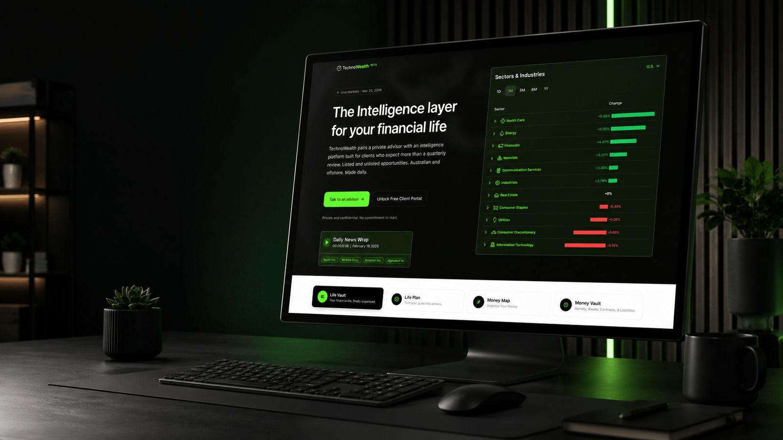 A branded market-intelligence dashboard on a desktop monitor